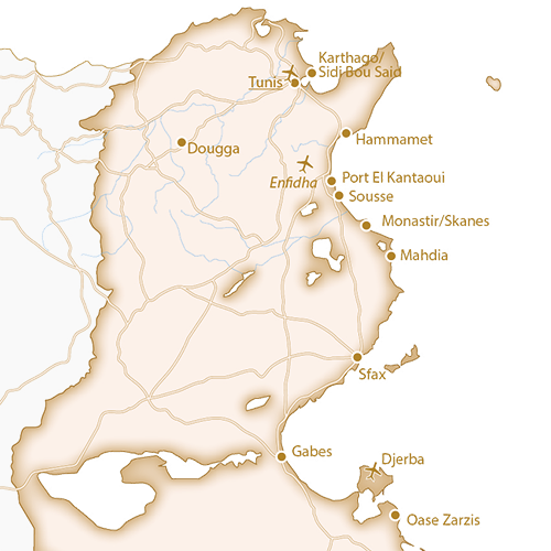 Landkarte von Tunesien mit dem Urlaubszielen von ETI