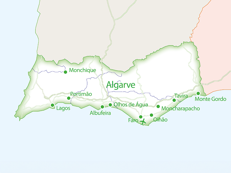Eine Karte von der Region Algarve in Portugal